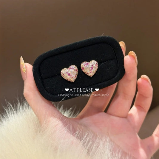 S925 Sterling Silver Gold-Plated Heart Diamond Stud Earrings - Light Luxury Elegant Design Celebrity Style