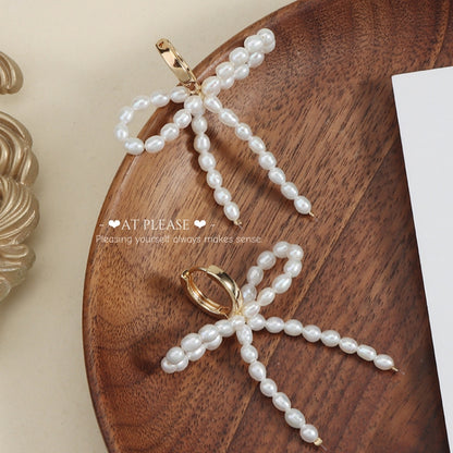 S925 Silver Gold-Plated French Natural Freshwater Pearl Bow Earrings - Luxury Sweet Design