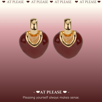 S925 Silver Gold-Plated Burgundy Enamel Heart Stud Earrings - French Vintage Style