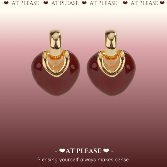 S925 Silver Gold-Plated Burgundy Enamel Heart Stud Earrings - French Vintage Style