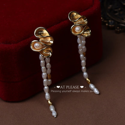 Natural Freshwater Pearl Tassel Niche Retro Gold  Flower Earrings -Original Design