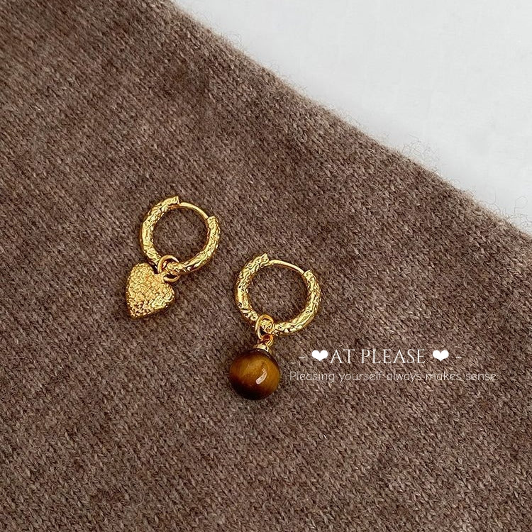 S925 Sterling Silver Tiger's Eye Heart Asymmetric Hoop Earrings - Vintage Elegance