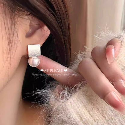 S925 Silver Geometric Square Shell Pearl Drop Earrings - Minimalist French Retro  Style