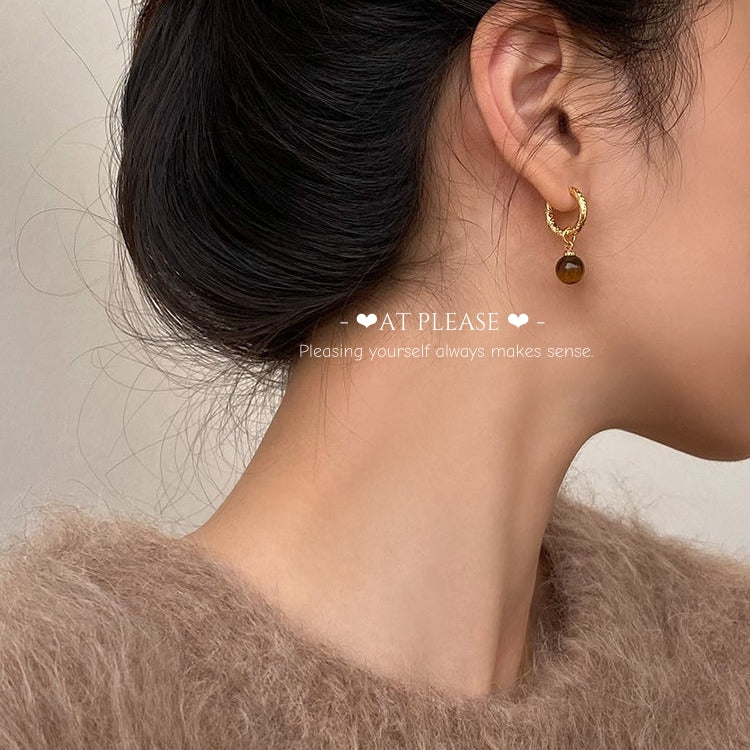 S925 Sterling Silver Tiger's Eye Heart Asymmetric Hoop Earrings - Vintage Elegance