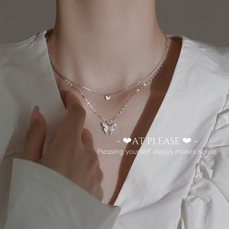 Ethereal Double Butterfly Necklace - S925 Layered Chain with Diamond Accents