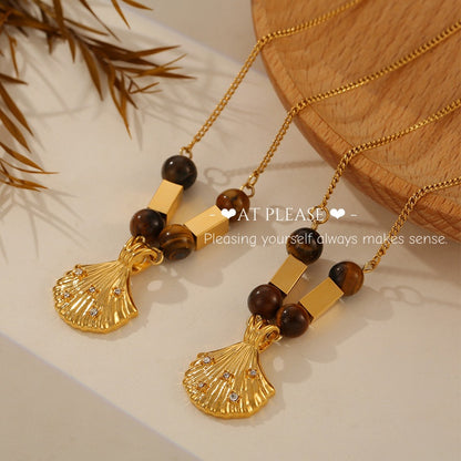 Vintage Tiger Eye & Shell Pendant Necklace - Titanium Steel French Retro Jewelry