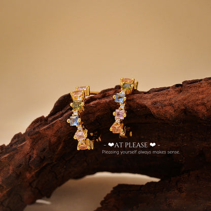Colorful Dopamine-inspired Rhinestone C-Hoop Earrings - Ins & Personalized Earrings - S925 Gold Plated