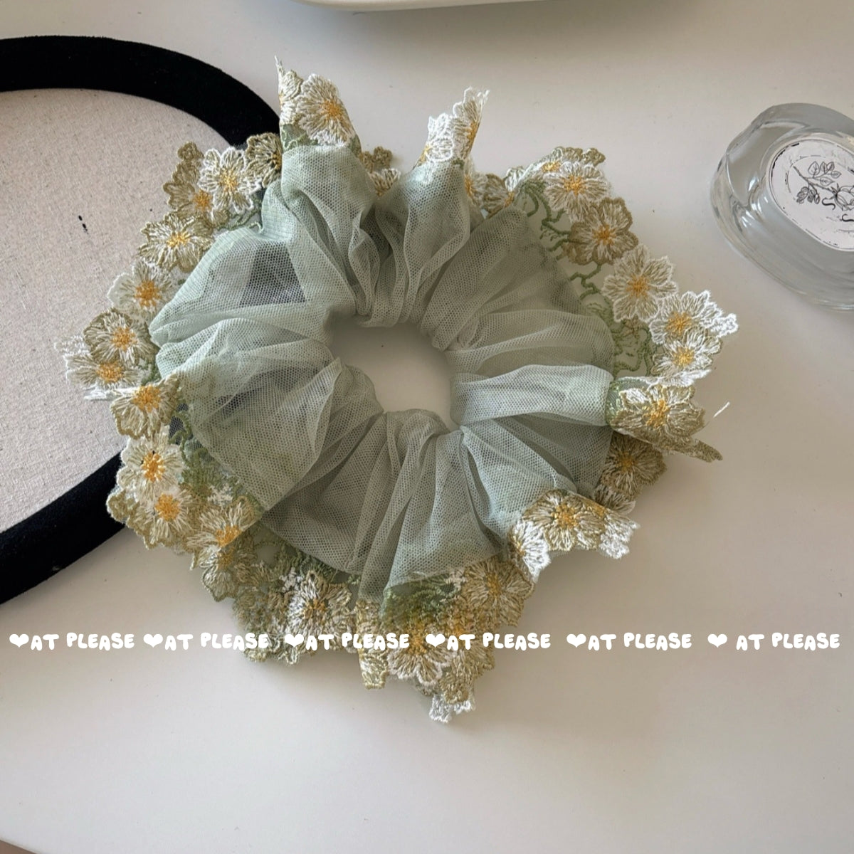 Sage Green Tulle Scrunchie with Lace Trim | Boutique Vintage Country Style