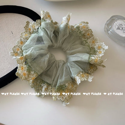 Sage Green Tulle Scrunchie with Lace Trim | Boutique Vintage Country Style