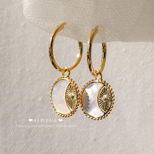 Sun Coin & Moon Pendant Hoop Earrings | 18k-real-gold Plated