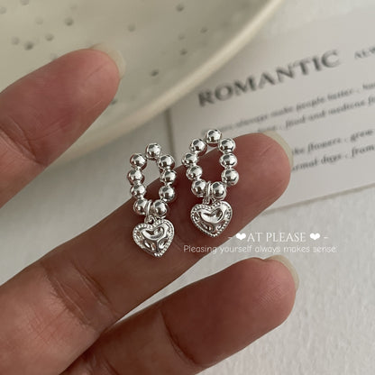 S925 Sterling Silver Beaded Heart Stud Earrings - Korean-Style Minimalist Design