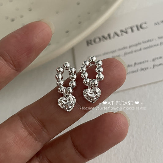 S925 Sterling Silver Beaded Heart Stud Earrings - Korean-Style Minimalist Design