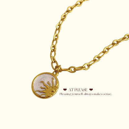 Couple Jewelry -Vintage Celestial Coin Necklace - Stainless Steel Sun & Moon Pendant with Mother-of-Pearl Inlay