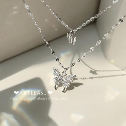 Ethereal Double Butterfly Necklace - S925 Layered Chain with Diamond Accents