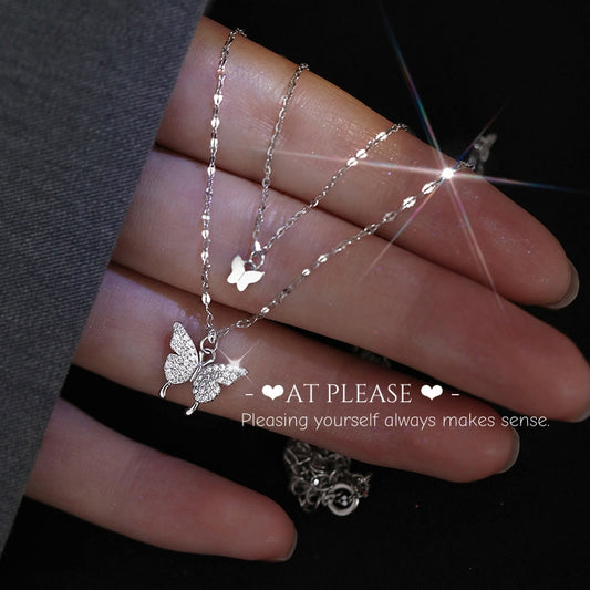 Ethereal Double Butterfly Necklace - S925 Layered Chain with Diamond Accents