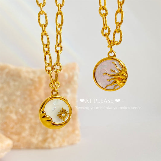 Couple Jewelry -Vintage Celestial Coin Necklace - Stainless Steel Sun & Moon Pendant with Mother-of-Pearl Inlay