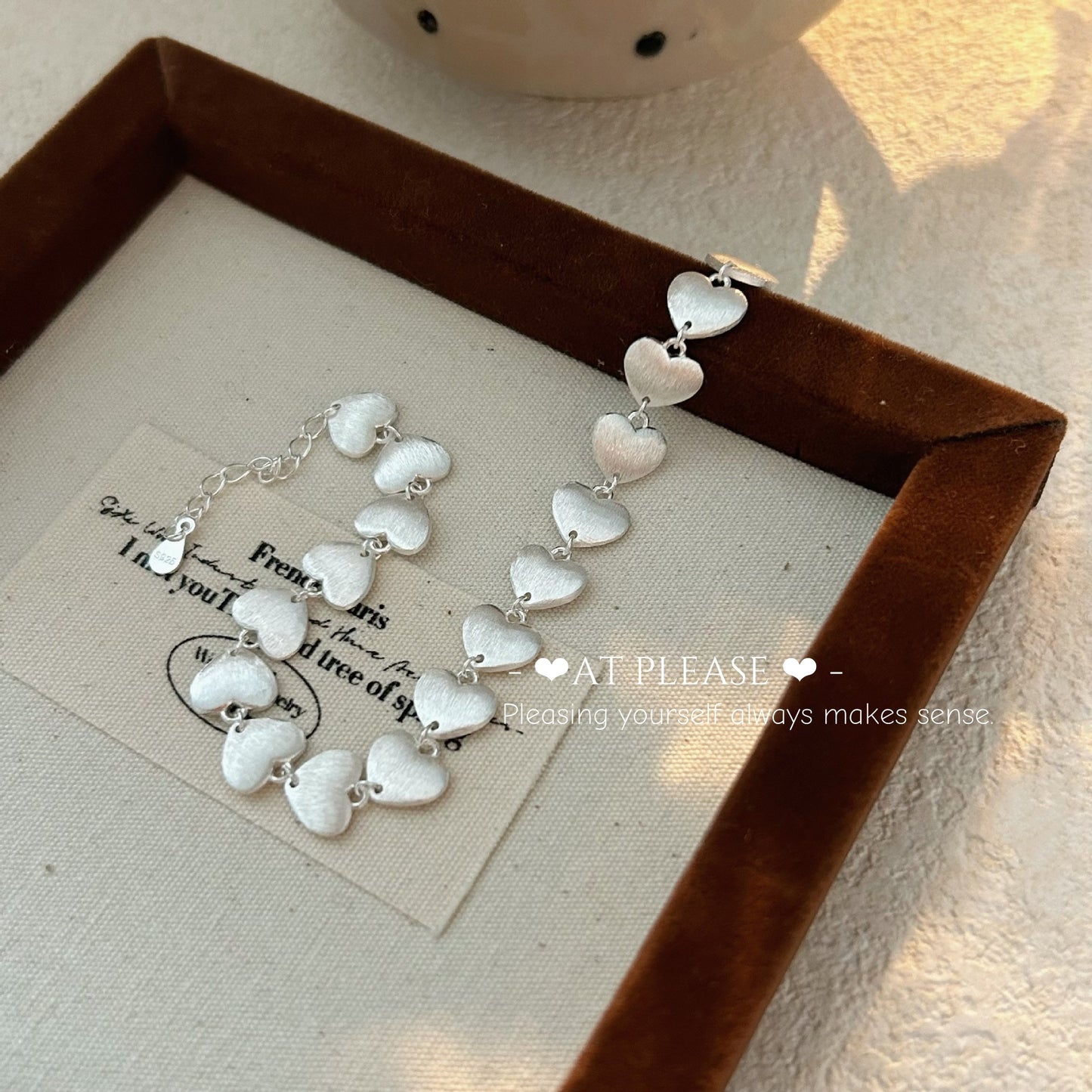 S925 Sterling Silver Brushed Heart Bracelet – Interlinked Elegance
