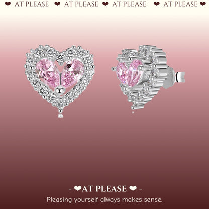 S925 Sterling Silver Heart-Cut Pink Zirconia Inlay Stud Earrings - Delicate Fashionable Light Luxury