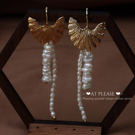Ginkgo Leaf Gold-Plated Natural Baroque Pearl Tassel Earrings - Niche Retro Design
