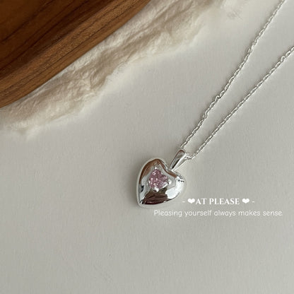Korean Minimalist Heart Choker - S925 Sterling Silver Necklace with Pink Zircon Pendant