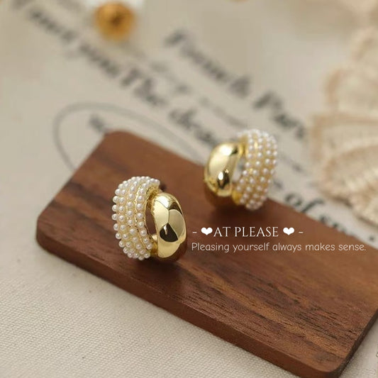 French Elegant Minimalist Pearl Stud Earrings - Metal Arc Design S925 Pin