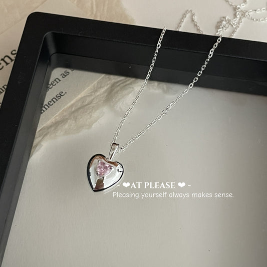 Korean Minimalist Heart Choker - S925 Sterling Silver Necklace with Pink Zircon Pendant
