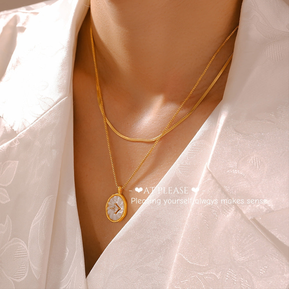 French Retro Oval Fritillary Pendant Necklace Setting - 18k Gold Plated Titanium Steel Layered Choker with Zircon Accents