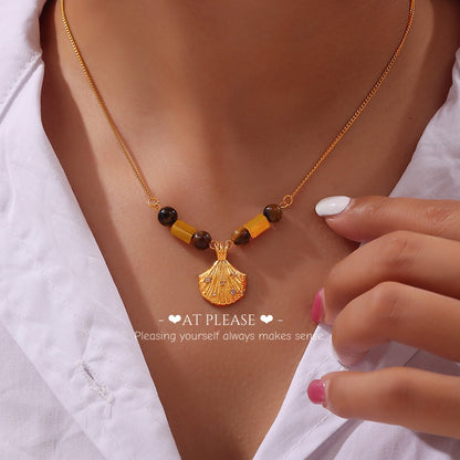 Vintage Tiger Eye & Shell Pendant Necklace - Titanium Steel French Retro Jewelry