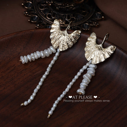 Ginkgo Leaf Gold-Plated Natural Baroque Pearl Tassel Earrings - Niche Retro Design