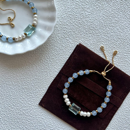 office jewelry Aquamarine & Genuine Pearls|minimalist jewelry falt lay
