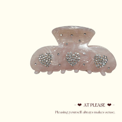 White Rhinestone-Embellished Heart Acetate Hair Claw Clips - Vintage Sweet Style