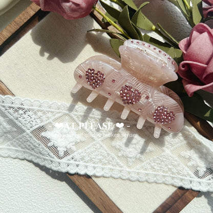 Pink Rhinestone-Embellished Heart Acetate Hair Claw Clips - Vintage Sweet Style