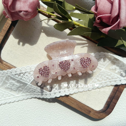 Pink Rhinestone-Embellished Heart Acetate Hair Claw Clips - Vintage Sweet Style