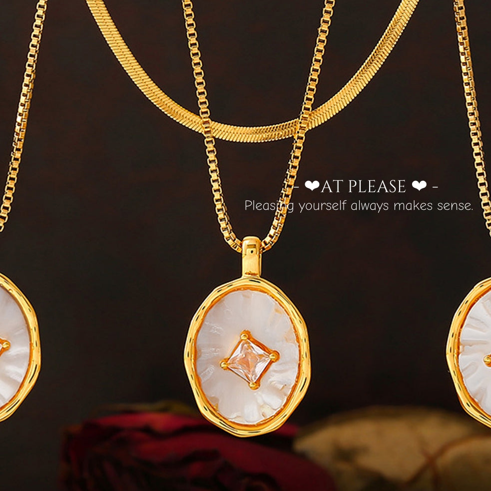 18k gold plated titanium steel layered choker with oval mother-of-pearl pendant and zircon accents, French retro jewelry for women