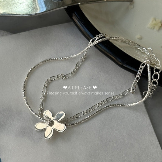 Double layer silver bracelet with flower charms