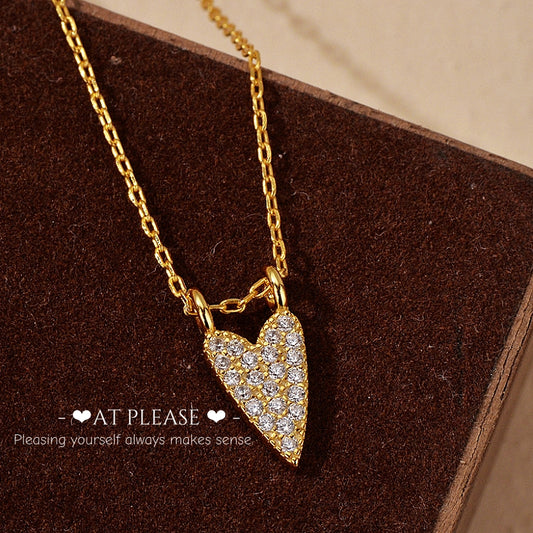 18k gold plated S925 sterling silver choker necklace with full diamond heart pendant, elegant jewelry for women