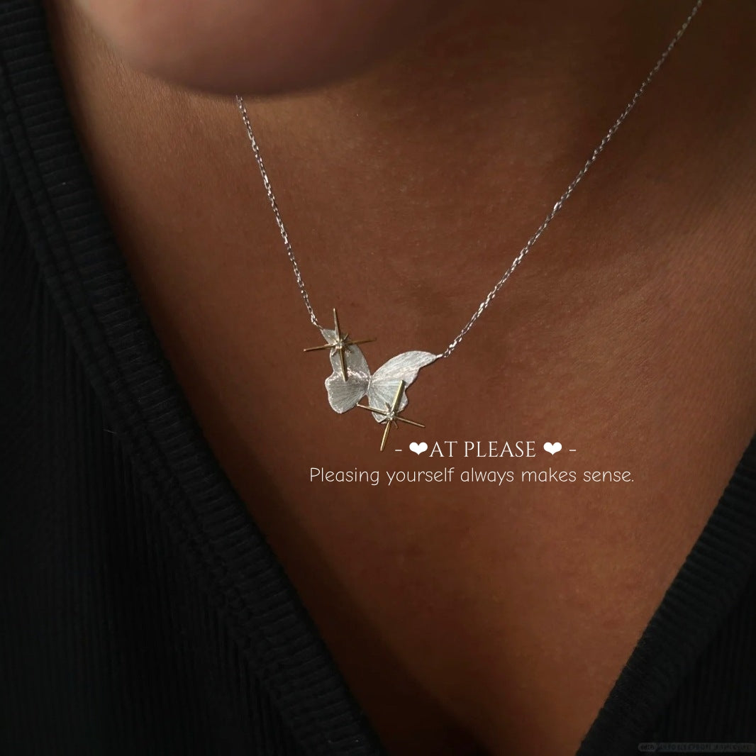 Vintage Four-Pointed Star and Butterfly Necklace in S925 Sterling Silver on Model
