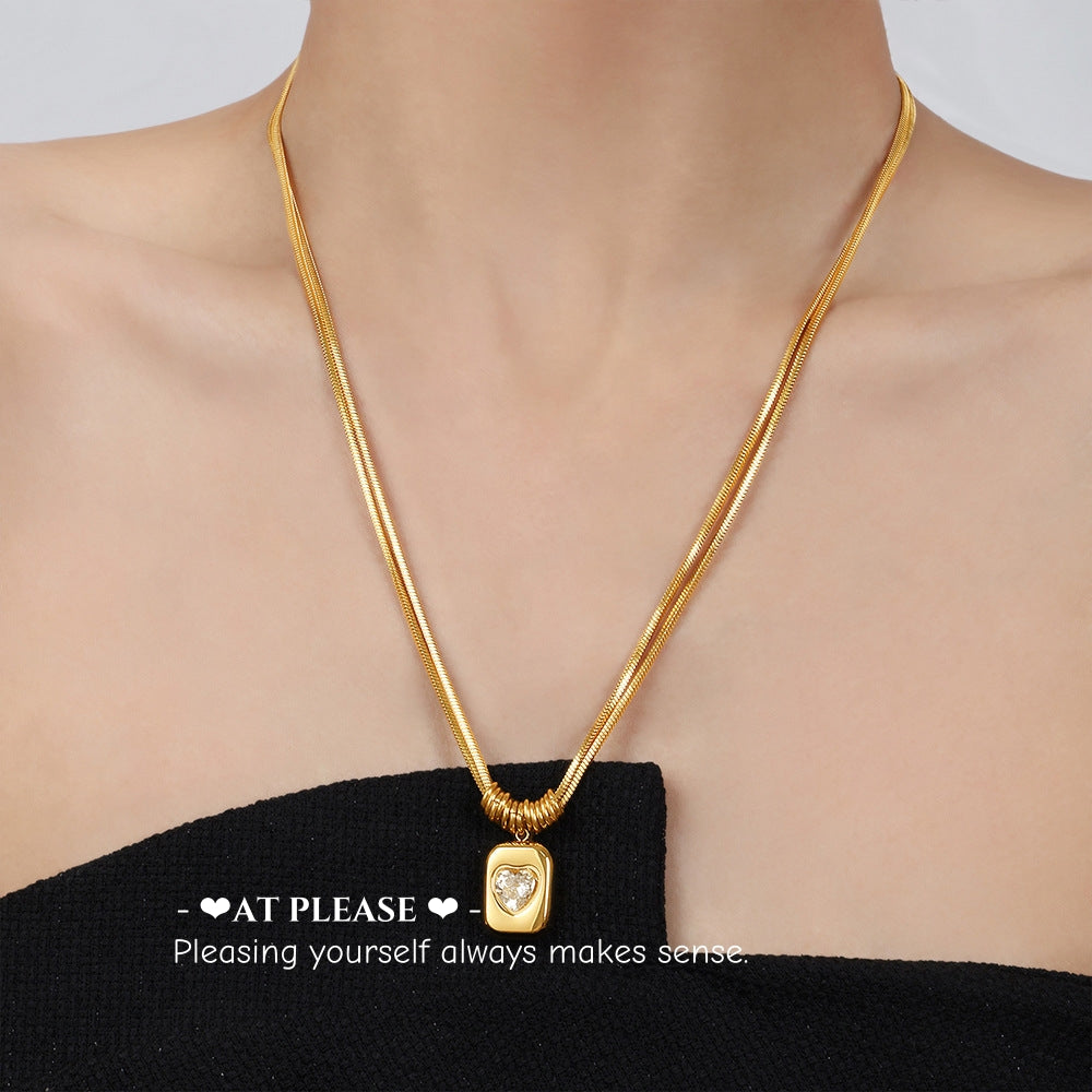 Vintage geometric heart pendant choker necklace with layered snake chain, titanium steel minimalist jewelry for women