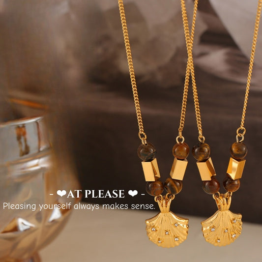 French retro tiger eye and shell pendant necklace with crystal accents, titanium steel choker jewelry for women